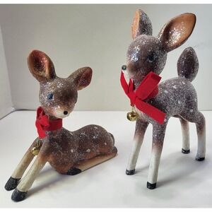 2 Vintage MCM Fawn Deer Figurines w/Glitter Bow & Bell 9" Long Retro Doe READ!